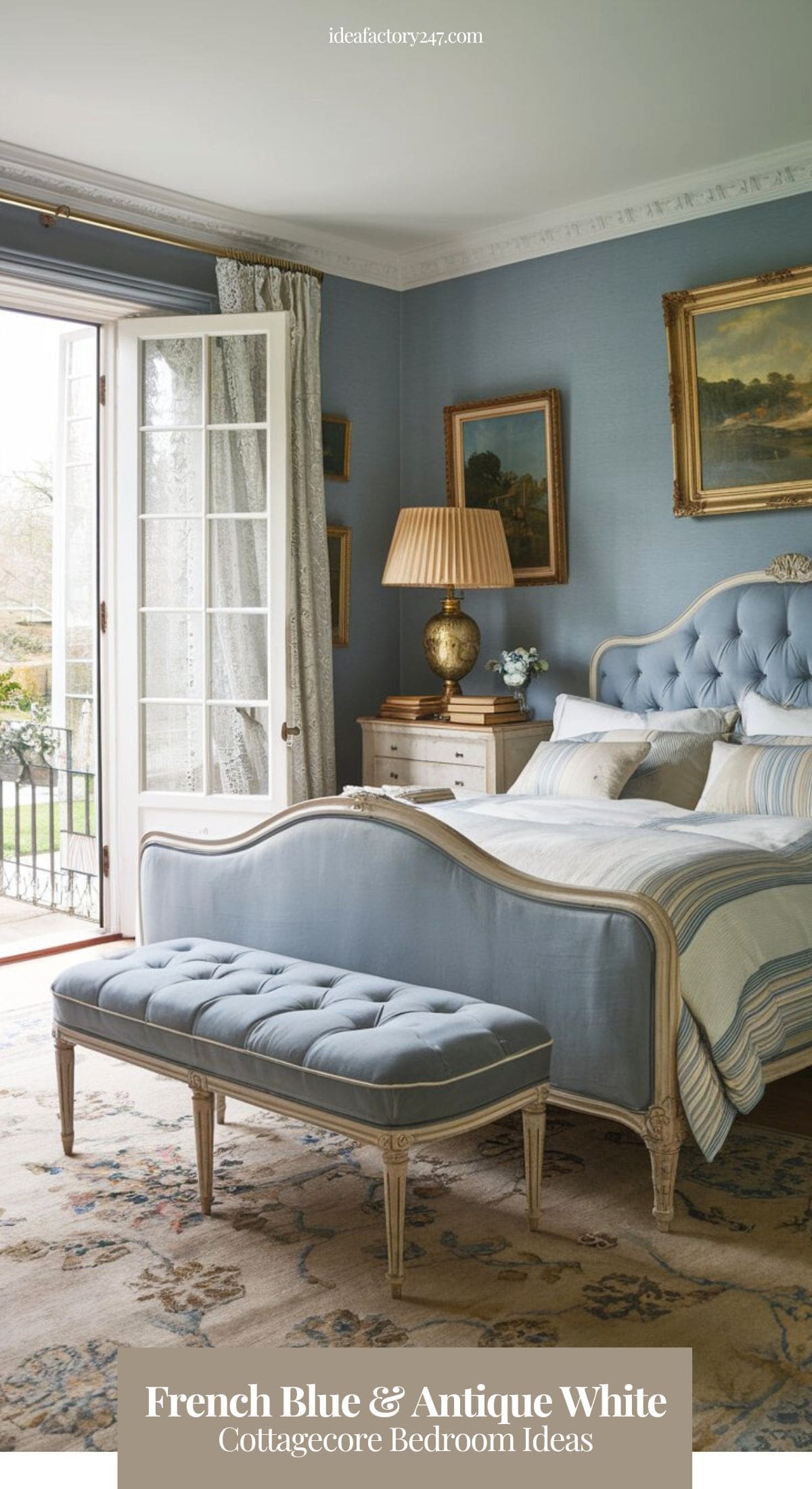 This romantic countryside retreat is all about elegance, vintage charm, and soft blue hues. A French blue tufted bed, antique white and striped bedding, and delicate gold accents make this space feel like a storybook escape. The dusty blue walls provide a calming backdrop, while French doors with lace-trimmed curtains bring in natural light and garden views.This is part of our Blue Cottagecore Bedroom Collection. Click to see more designs...