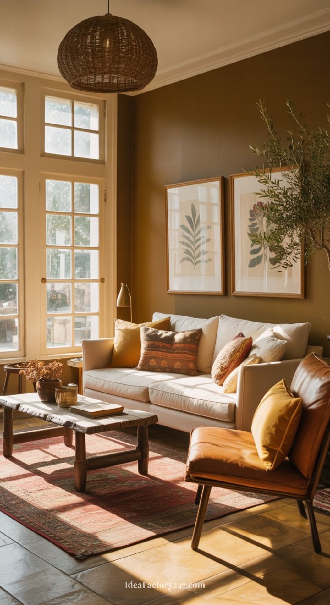 A cozy, earthy living room with warm brown walls, a beige sofa with patterned pillows, a leather chair, wooden coffee table, two botanical prints, and sunlight streaming through large glass doors.