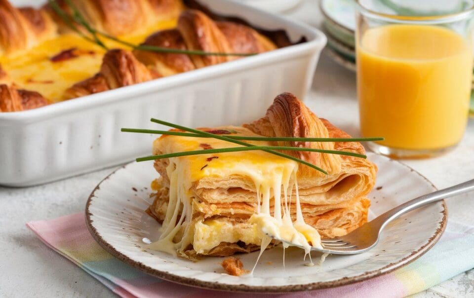 A plate of Ham & Cheese Croissant Casserole