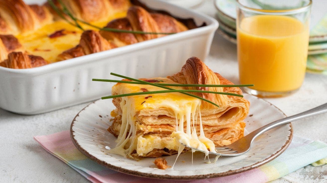 A plate of Ham & Cheese Croissant Casserole