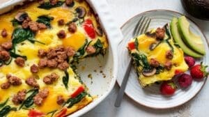 A high protein breakfast casserole with spinach, mushrooms, red bell peppers, and sausage crumbles is baked in a white dish. A slice is served on a plate with strawberries, raspberries, avocado slices, and a fork.