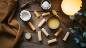 A flat lay of DIY Lip Balm in tubes, a bowl of balm, a spoon, a half coconut, beeswax chunk, tin container, and a bowl of salt on a wooden table with a brown cloth and green plant.