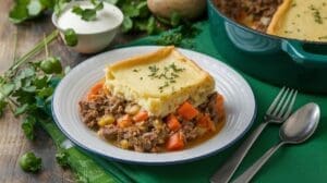 A plate with a serving of Irish Shepherd’s Pie shows layers of mashed potatoes and ground meat with vegetables. A pot of the pie, fresh herbs, and a bowl of sauce are in the background, with a fork and knife beside the plate.