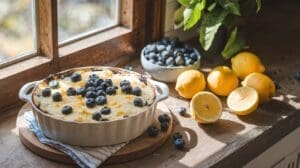 A Lemon Blueberry Ricotta baked casserole sits on a wooden windowsill, accompanied by a bowl of blueberries, whole and halved lemons, and a green-leafed plant basking in the sunlight.