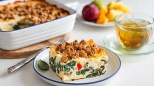 A slice of veggie egg white casserole with crumble topping sits on a plate, next to a glass cup of tea and assorted fruit; the rest of the lasagna-inspired bake is visible in a baking dish in the background.