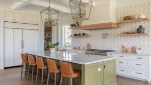 A modern kitchen design with a large island featuring a white marble countertop, green base, and five brown leather barstools. The space showcases white cabinets, gold fixtures, geometric tile backsplash, open shelves, and stylish decor.