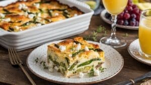 A slice of vegetable lasagna with asparagus and cheese sits on a white plate, garnished with herbs. Nearby, a Goat Cheese Strata in a baking dish, a glass of orange juice, and grapes complete the scene on a wooden table.