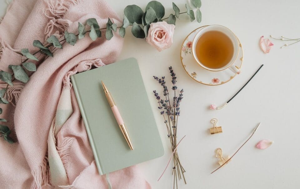 A cozy arrangement featuring a pink scarf, eucalyptus leaves, a rose, and lavender sprigs surrounds a mindfulness journal with prompts. Nearby, a cup of tea on a saucer and small decorative items rest on the light surface, inviting tranquility.