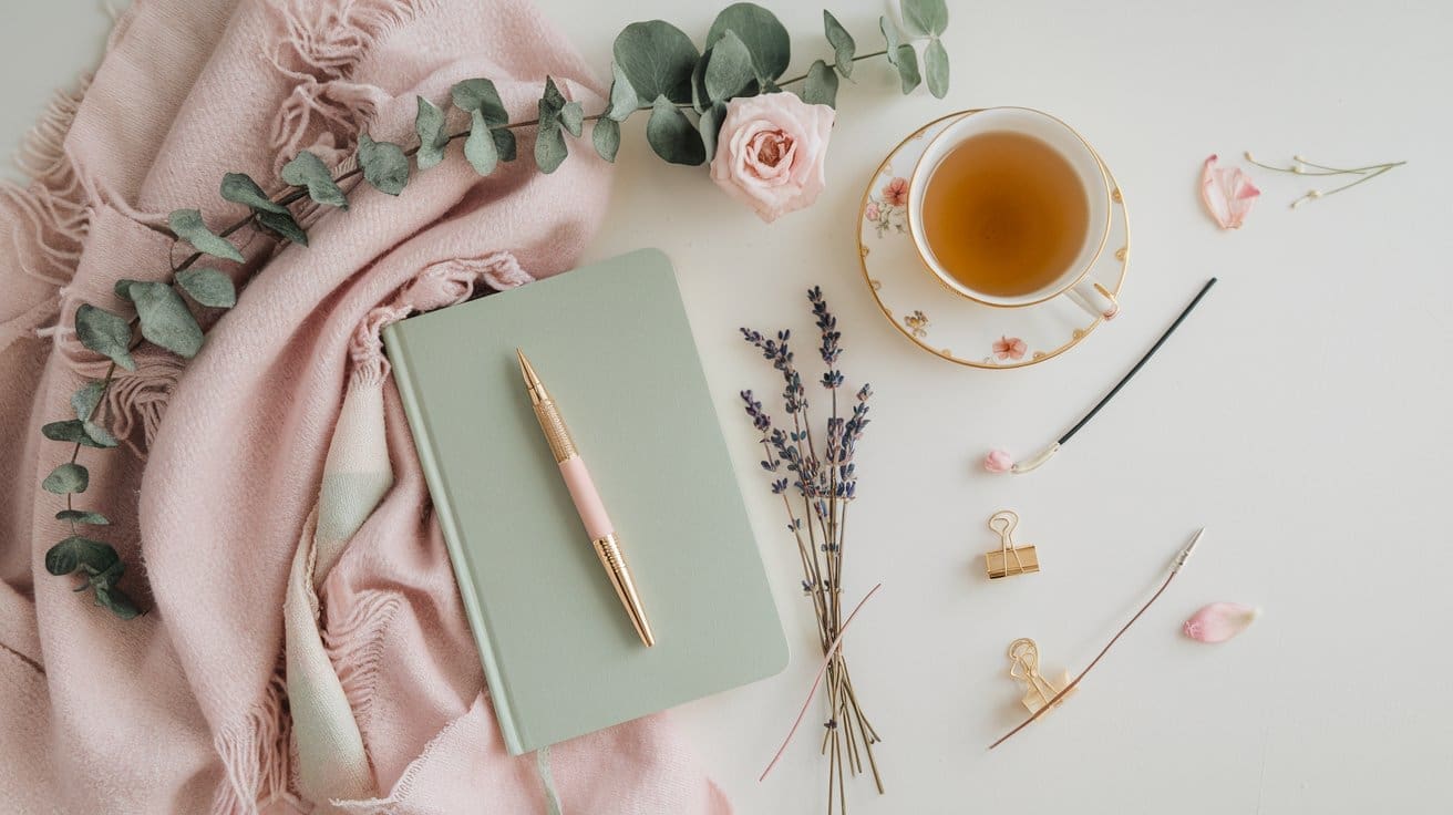 A cozy arrangement featuring a pink scarf, eucalyptus leaves, a rose, and lavender sprigs surrounds a mindfulness journal with prompts. Nearby, a cup of tea on a saucer and small decorative items rest on the light surface, inviting tranquility.