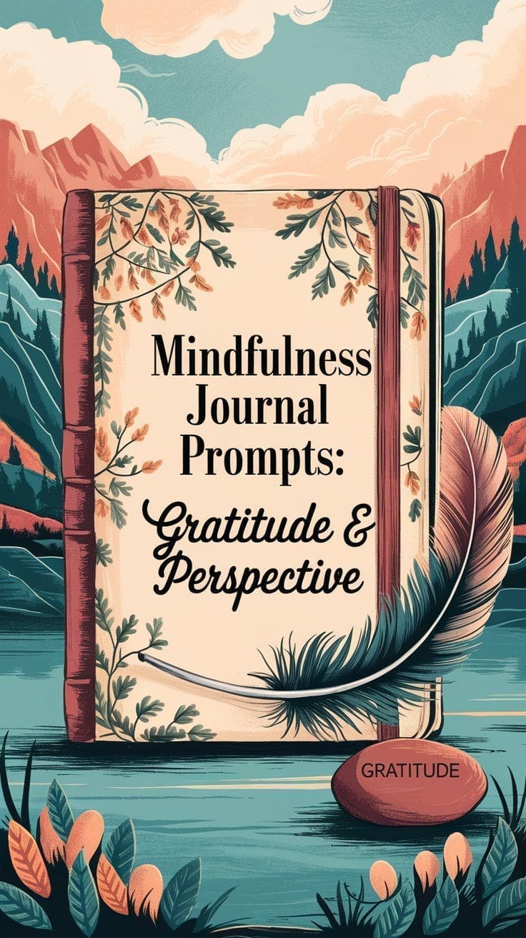 An illustrated poster showcases a book adorned with floral designs, titled Mindfulness Journal Prompts: Gratitude & Perspective. In the foreground, a feather and stone labeled Gratitude stand out against a backdrop of mountains and trees, perfectly capturing the spirit of mindfulness.