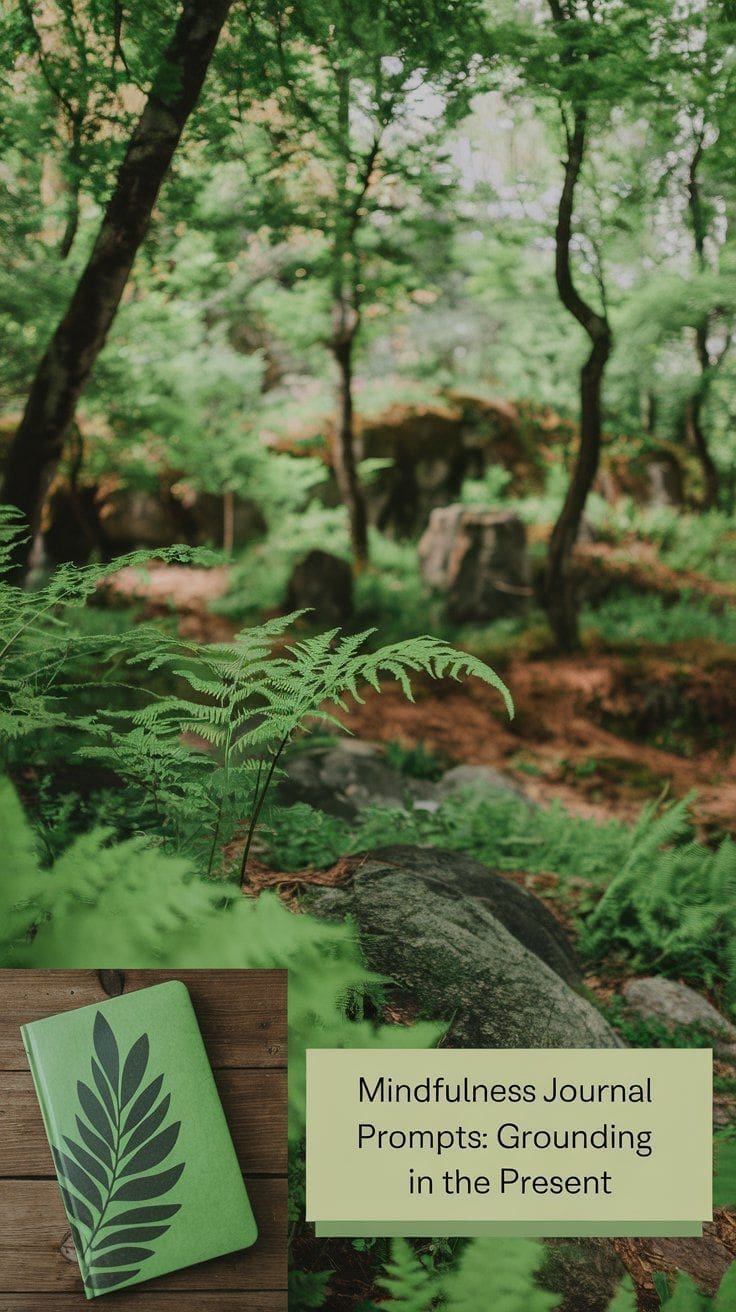 A lush green forest with ferns and trees surrounds a green journal adorned with a leaf design in the corner. The text box invites you: Mindfulness Journal Prompts: Grounding in the Present.