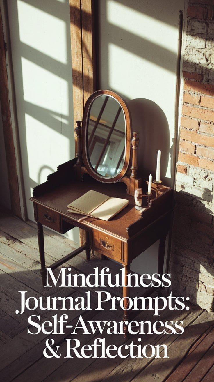 A wooden vanity table with an oval mirror stands by the sunlit window, holding an open journal, a pen, and candles. Beneath it reads: Mindfulness Journal Prompts: Embrace Self-Awareness & Reflection.