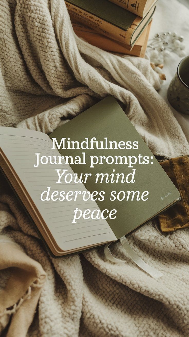 An open journal, labeled Mindfulness Journal Prompts: Your mind deserves some peace, rests on a cozy beige blanket. Nearby, a stack of books and a steaming mug complete the serene setup.