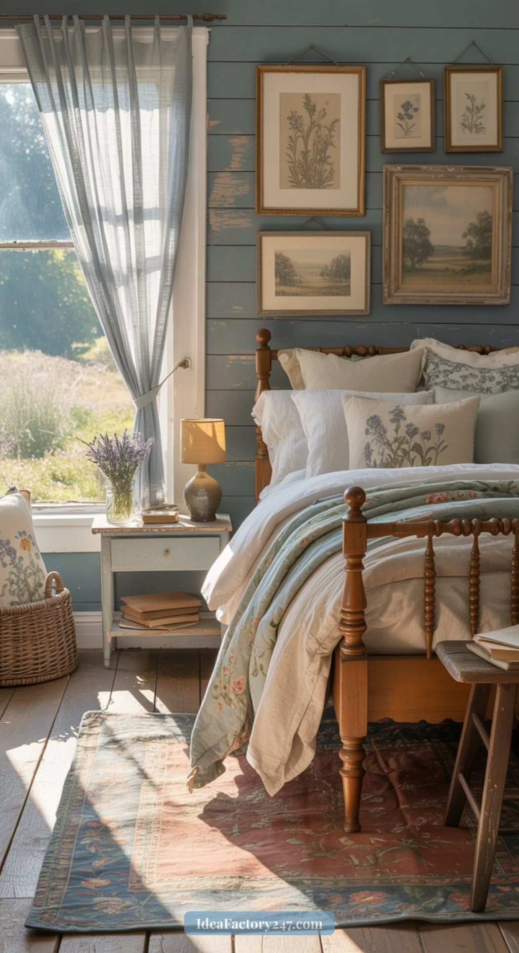 A cozy blue cottagecore bedroom with a vintage wooden bed, floral bedding, framed art, a side table topped with a lamp and flowers, wicker basket accents, and sunlight streaming through sheer curtains.