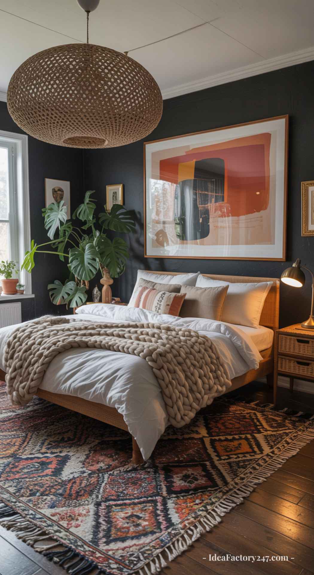 Cozy dark boho bedroom with a knit blanket on a wooden bed, patterned rug, plant by the window, large abstract art, and wicker pendant lamp. Warm lighting and dark walls complete the look.