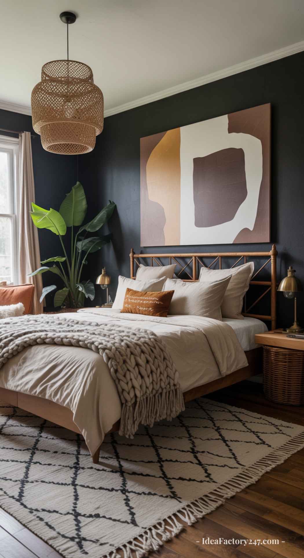 Cozy dark boho bedroom featuring a beige bed with a chunky knit blanket, geometric wall art, large plant, rattan pendant light, and patterned rug on wooden floors. Natural light enters from a window on the left.