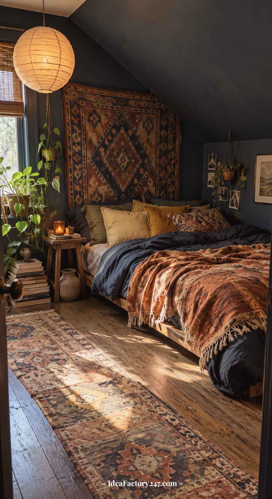 Cozy dark boho bedroom with deep-hued walls, a patterned rug, tapestry above the bed, layered pillows and blankets, warm lighting, potted plants, candles, and photos on the wall—creating an inviting atmosphere full of eclectic charm.