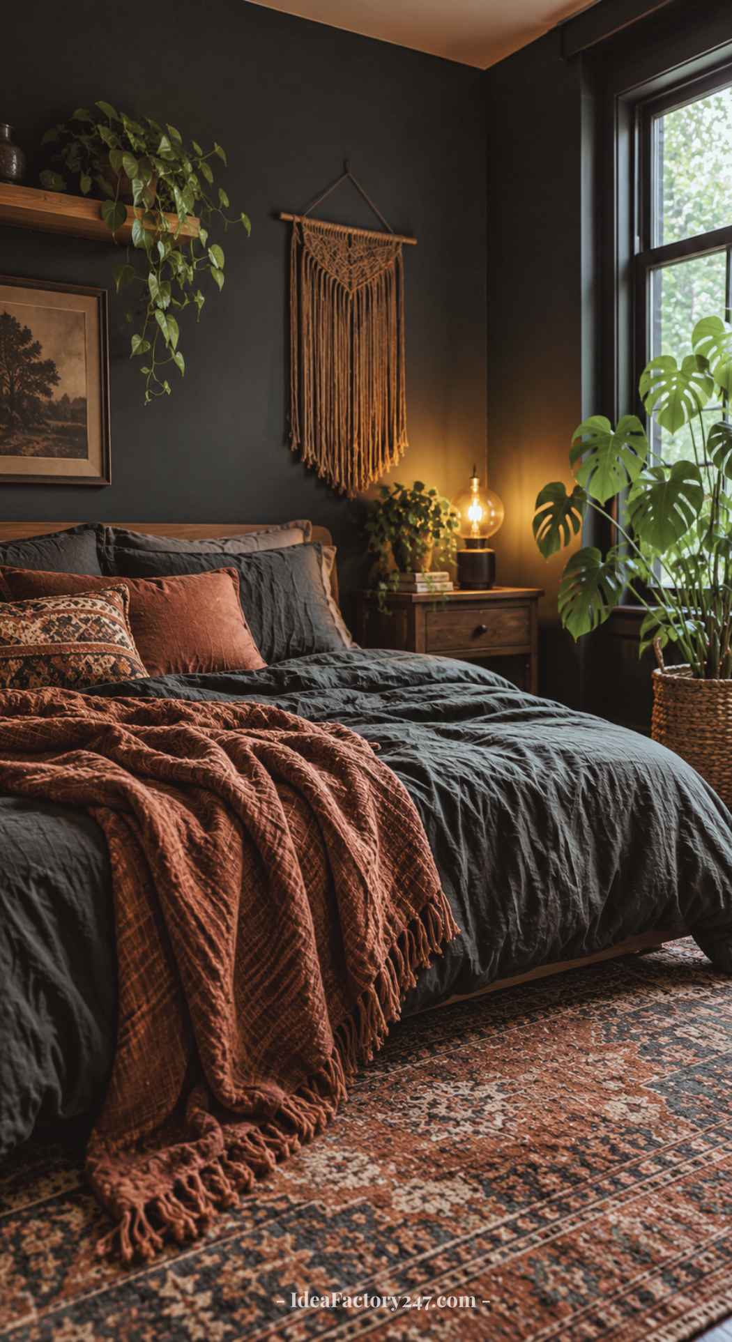 Cozy dark boho bedroom with moody walls, woven wall art, lush plants, warm lighting, textured pillows, a rust-colored blanket, and a patterned rug, creating an inviting and eclectic atmosphere.