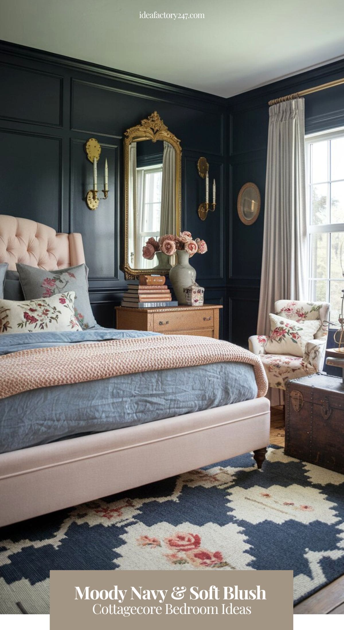 A cozy and moody navy blue cottage bedroom featuring dark blue walls with wainscoting, contrasted by a light blush upholstered bed with a tufted headboard. The bed is dressed in soft blue linen sheets, a knitted blush throw, and antique floral-patterned pillows. This design is part of our Blue Cottagecore Bedroom Ideas. Click to see more dreamy rooms!