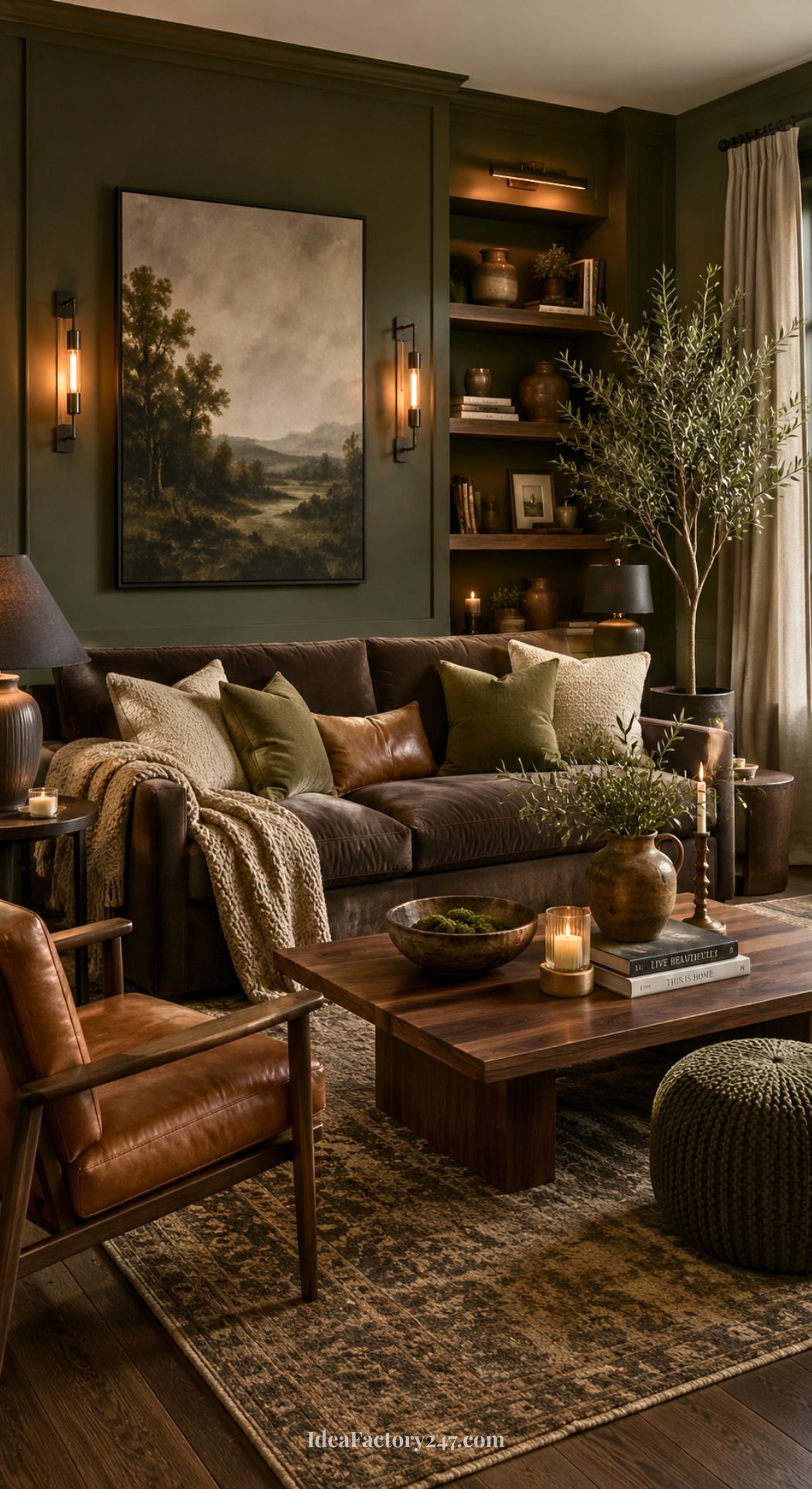 A cozy, earthy living room with a brown leather sofa, green and beige pillows, a wooden coffee table, armchair, bookshelves, candles, an olive tree, and landscape painting—all in warm tones and soft lighting.