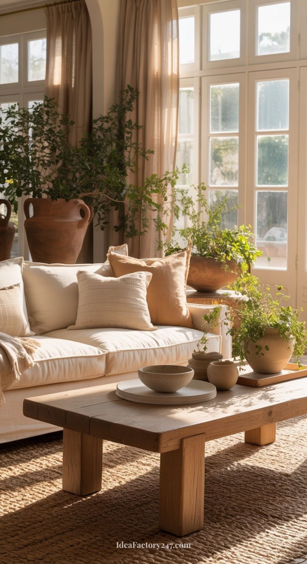 A sunlit, earthy living room with a white sofa, neutral cushions, a wooden coffee table with ceramic vases, and large potted plants by tall windows with beige curtains creates a natural, cozy atmosphere.