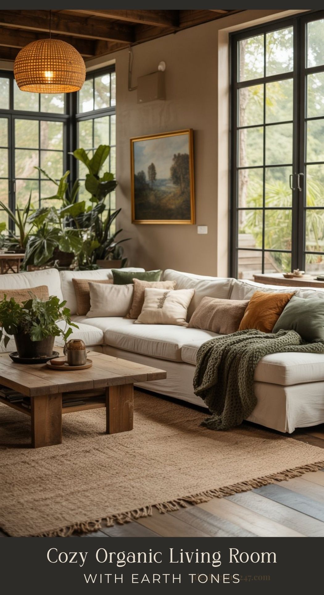 A cozy, earthy living room with earth tones features a white sectional sofa, green and brown pillows, knit blanket, wooden coffee table with plants, rug, large windows, indoor plants, and a hanging rattan light.