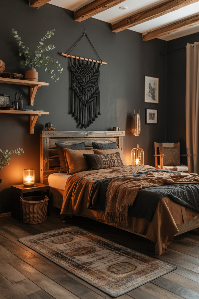 Cozy dark boho bedroom featuring a wooden bed, earth-toned linens, warm lighting, deep-hued walls, eclectic boho wall decor, thriving plants, and rustic wood accents.