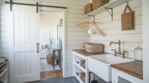 A charming farmhouse laundry room featuring white shiplap walls, a sliding barn door, wood countertops, a deep farmhouse sink, wicker baskets, open shelves, and a small drying rack for functional rustic style.
