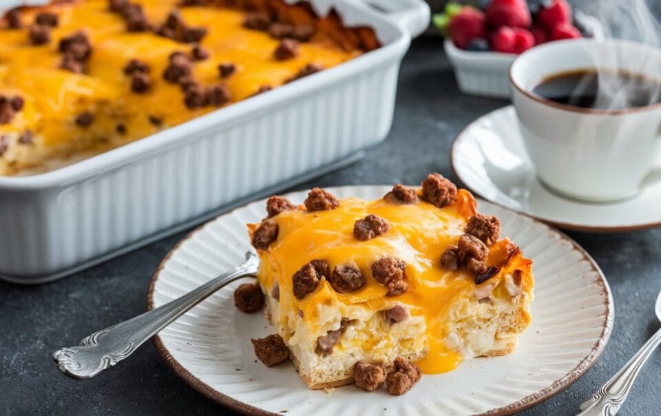 Plate of Sausage Egg & Cheese Breakfast Casserole - ready for brunch!