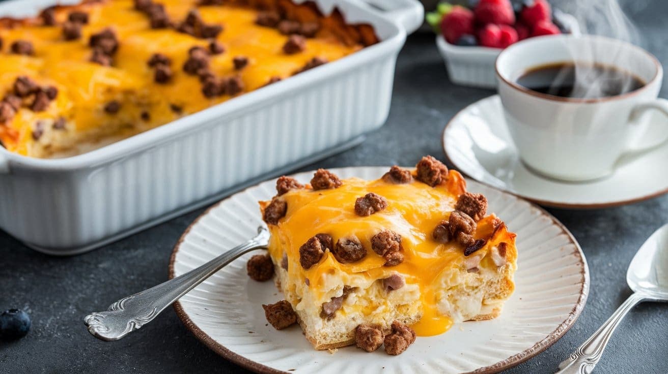 Plate of Sausage Egg & Cheese Breakfast Casserole - ready for brunch!