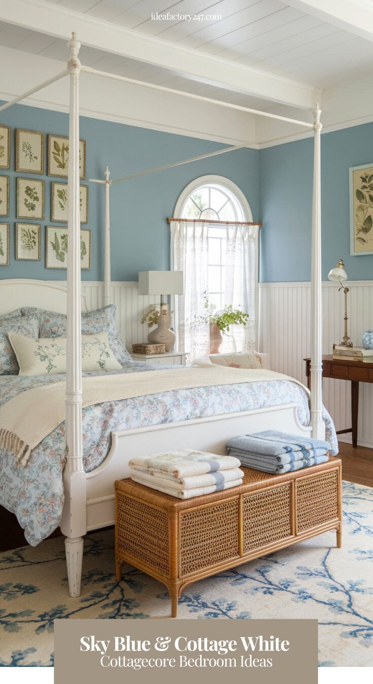 A fresh and airy cottagecore bedroom with sky blue-painted walls and crisp white wainscoting, evoking the charm of a sunlit garden retreat. A white wooden four-poster bed is dressed in soft periwinkle floral bedding, with a hand-stitched quilt folded at the foot.