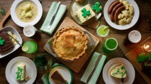 A table set with St. Patrick’s Day Irish-themed foods, including pie, mashed potatoes with sausages, brown bread, cheesecake topped with green sprinkles, shamrock-shaped cookies, drinks, and green napkins.