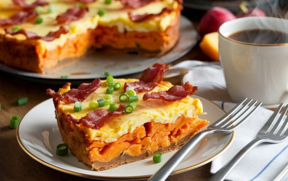 A plate of Sweet Potato Turkey Bacon Breakfast Casserole