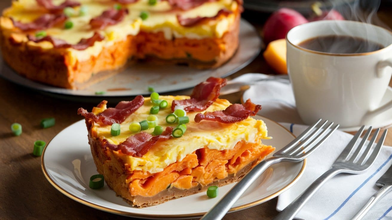 A plate of Sweet Potato Turkey Bacon Breakfast Casserole