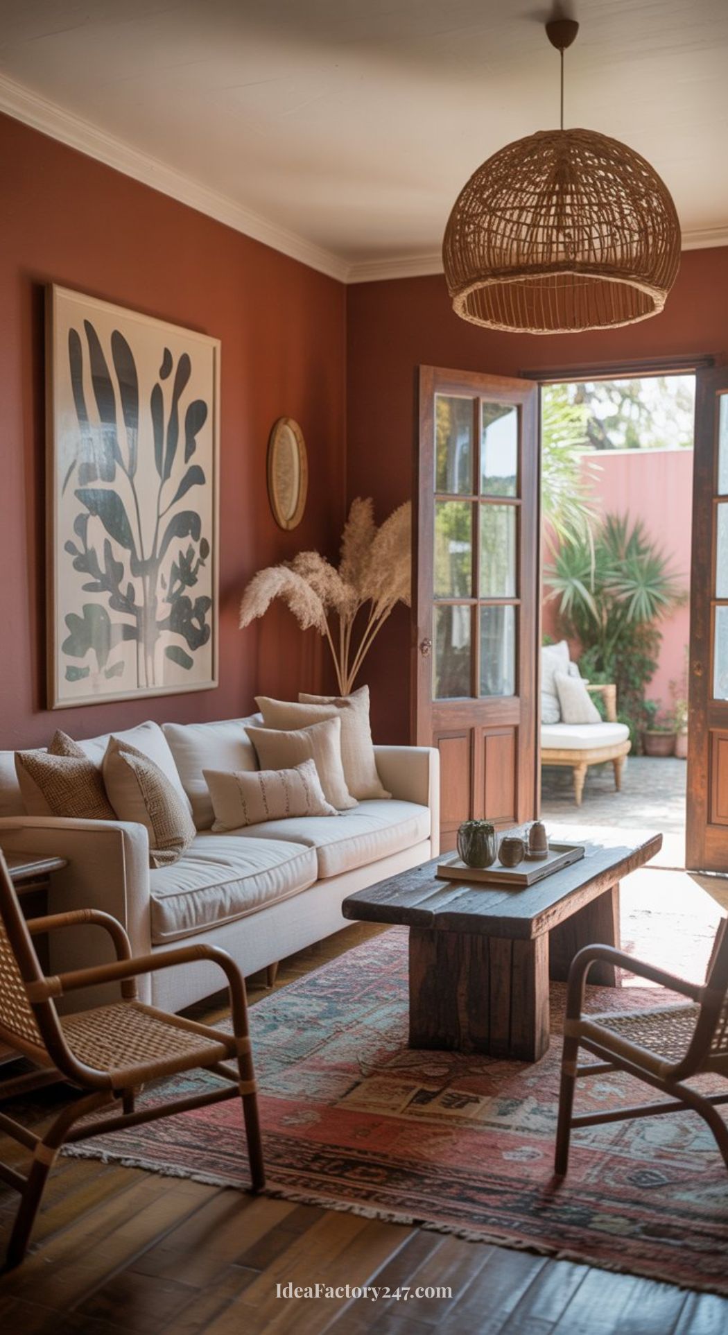 Cozy, earthy living room with terracotta walls, a white sofa, wooden coffee table, wicker chairs, and a rattan pendant light. Large art and pampas grass decor adorn the wall as sunlight streams in through open glass doors to a patio.