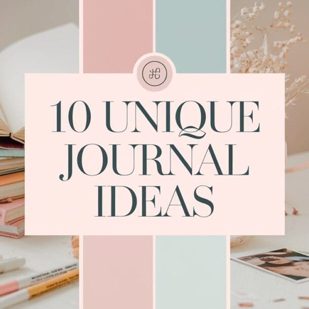 A creative setup featuring an open journal and several closed books on a table. Colored pens and a lit candle add a cozy ambiance. A centered text reads, 10 Unique Journal Ideas on a pastel pink and blue background, offering inspiring new journal ideas for every writer.