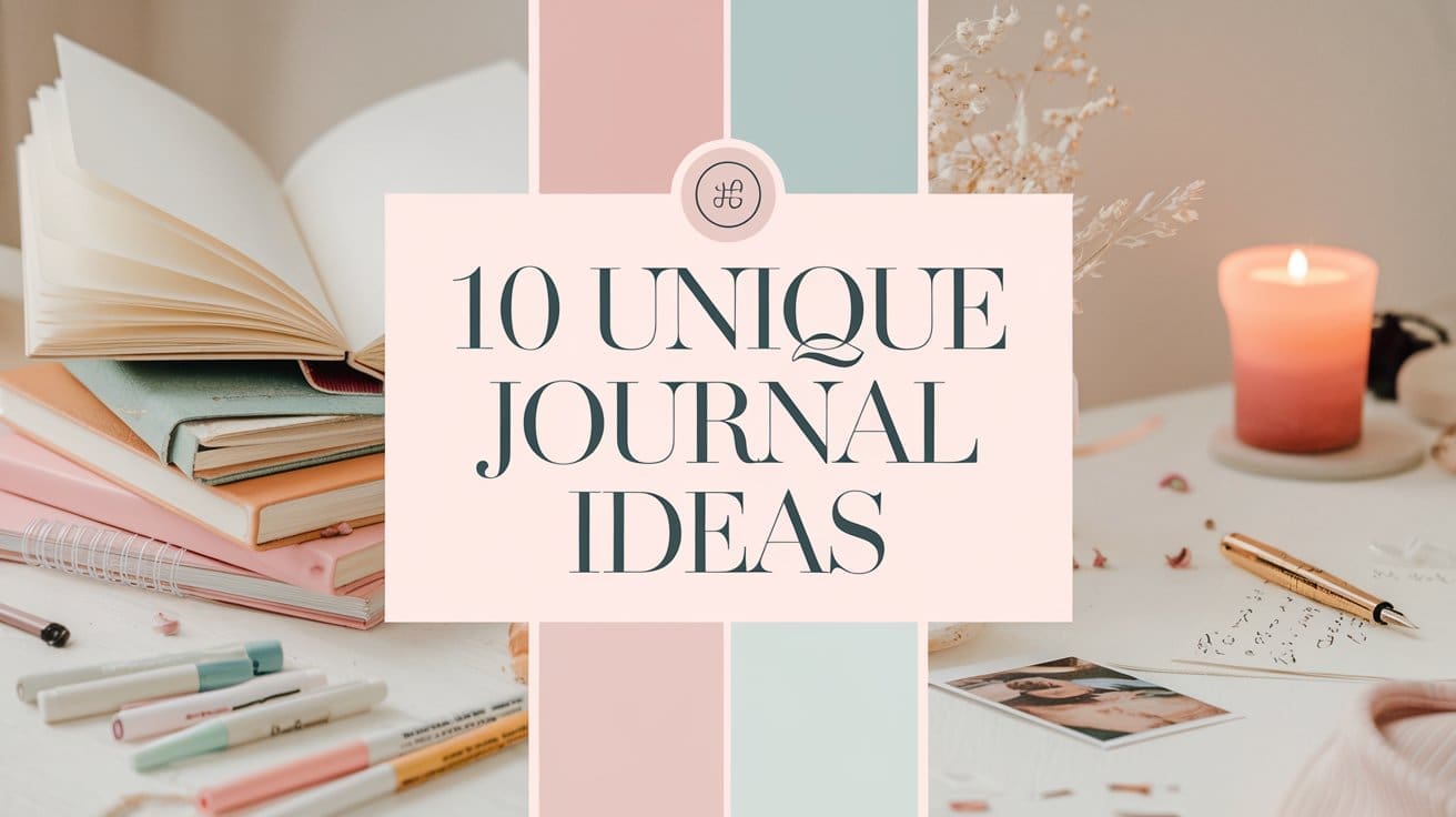 A creative setup featuring an open journal and several closed books on a table. Colored pens and a lit candle add a cozy ambiance. A centered text reads, 10 Unique Journal Ideas on a pastel pink and blue background, offering inspiring new journal ideas for every writer.