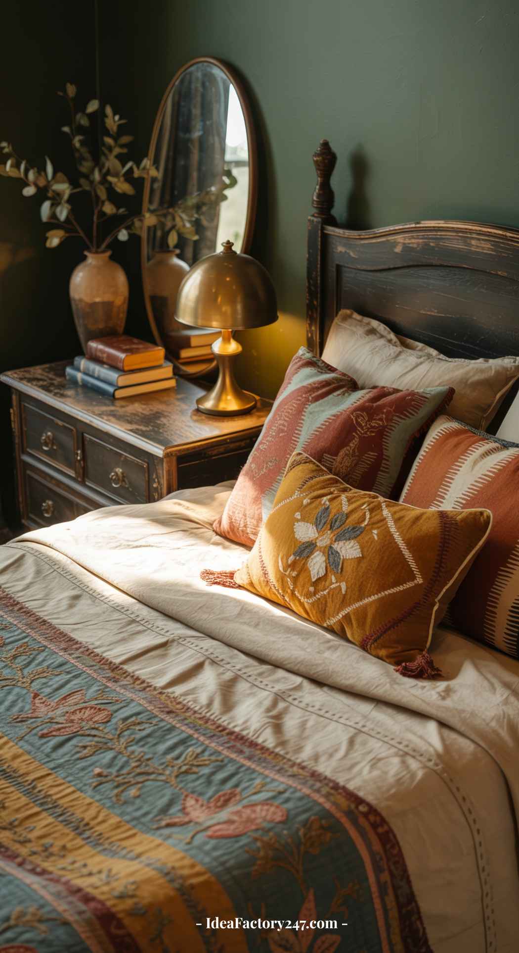 A cozy dark boho bedroom with a vintage wooden bed, patterned pillows, a quilt, a bedside table with books, a lamp, a vase with branches, and an oval mirror against a green wall.