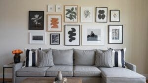 A modern living room with a gray sofa, black-and-white striped pillows, a wooden coffee table, and wall art on a budget—a gallery wall of framed art and photographs. A small table with orange flowers sits beside the sofa.