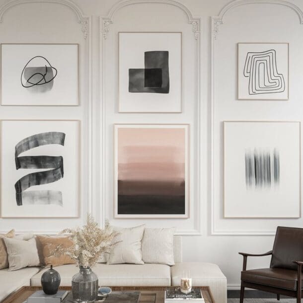 A stylish living room features a white sectional sofa, a brown leather chair, and a wooden coffee table adorned with dried flowers. The wall showcases ten minimalist abstract paintings in black, gray, and soft pink tones, each framed in crisp white.