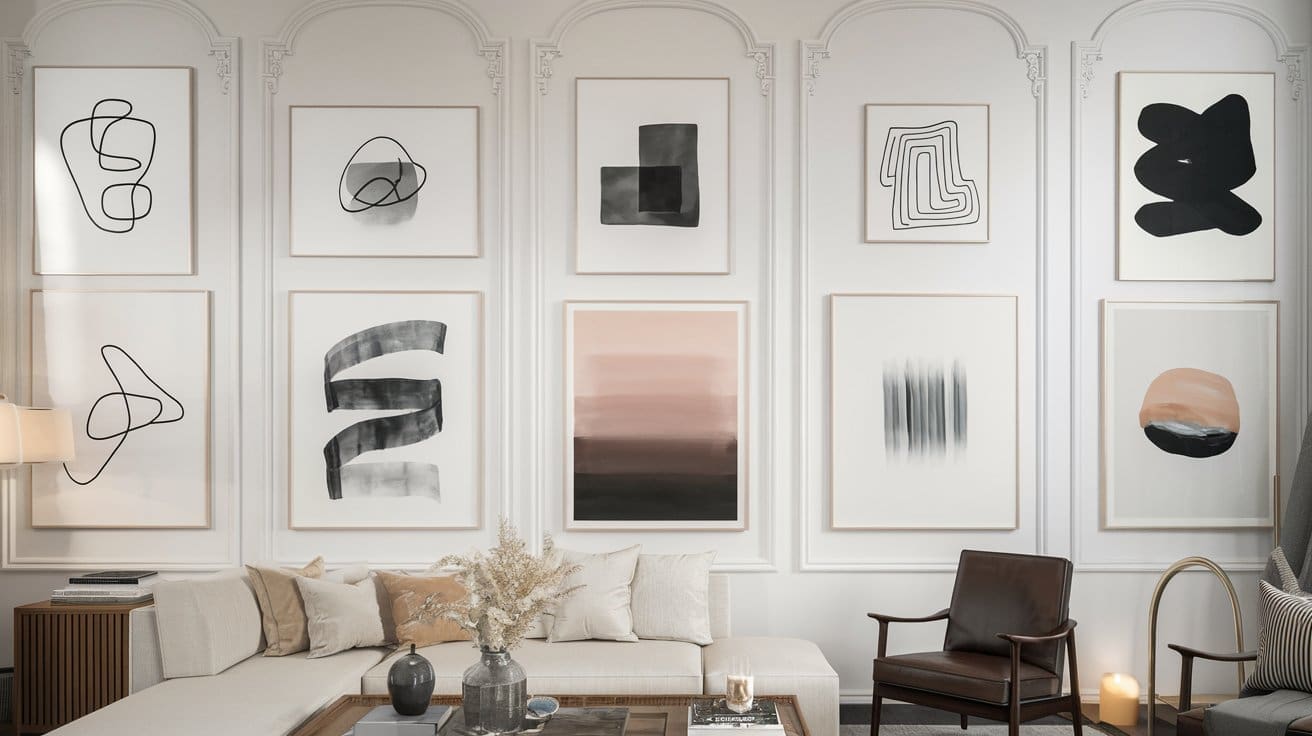 A stylish living room features a white sectional sofa, a brown leather chair, and a wooden coffee table adorned with dried flowers. The wall showcases ten minimalist abstract paintings in black, gray, and soft pink tones, each framed in crisp white.