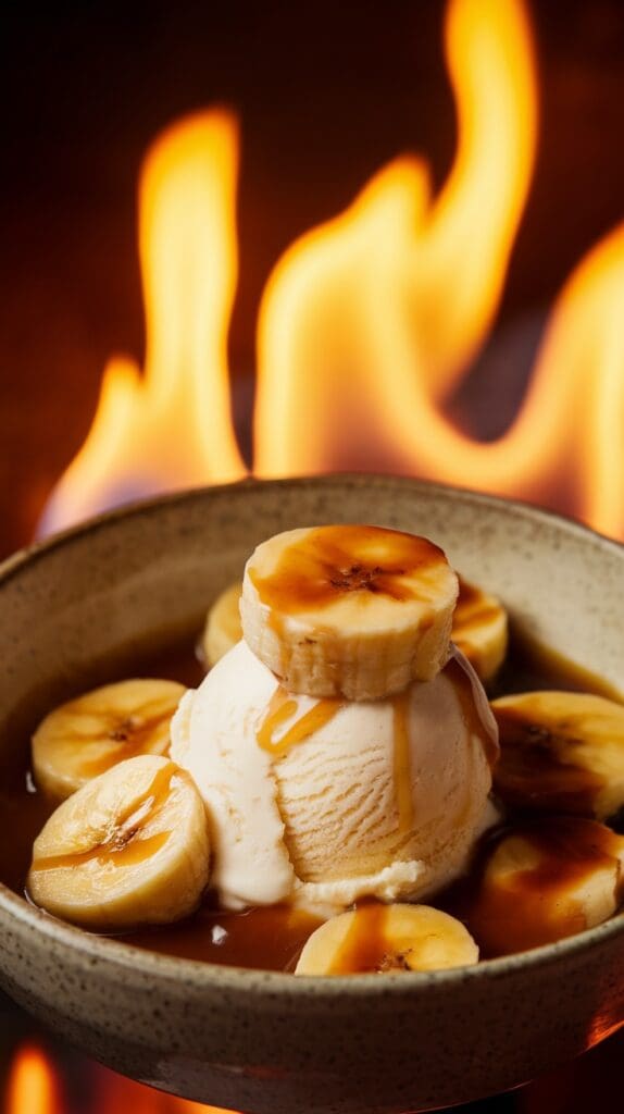 A delicious serving of Bananas Foster flambé with vanilla ice cream and sliced bananas.
