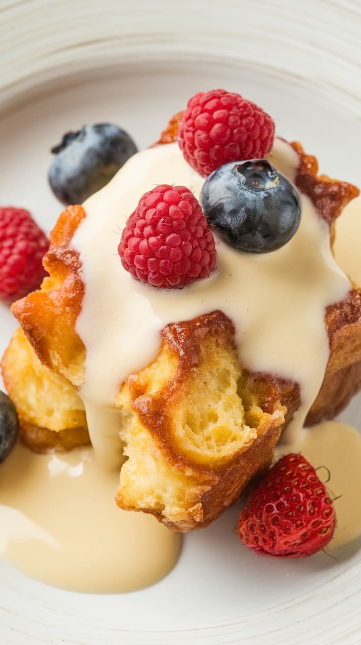 A delicious serving of Beignet Bread Pudding topped with vanilla sauce and fresh berries.