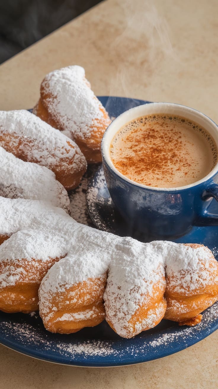 A plate of freshly made beignets dusted with powdered sugar next to a cup of coffee.
