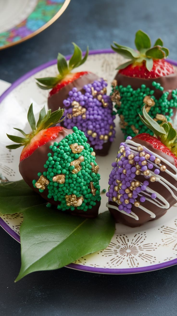 Chocolate-dipped strawberries decorated in Mardi Gras colors