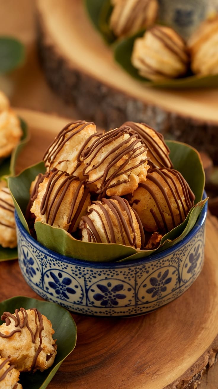 Delicious coconut macaroons drizzled with chocolate, arranged in a decorative bowl