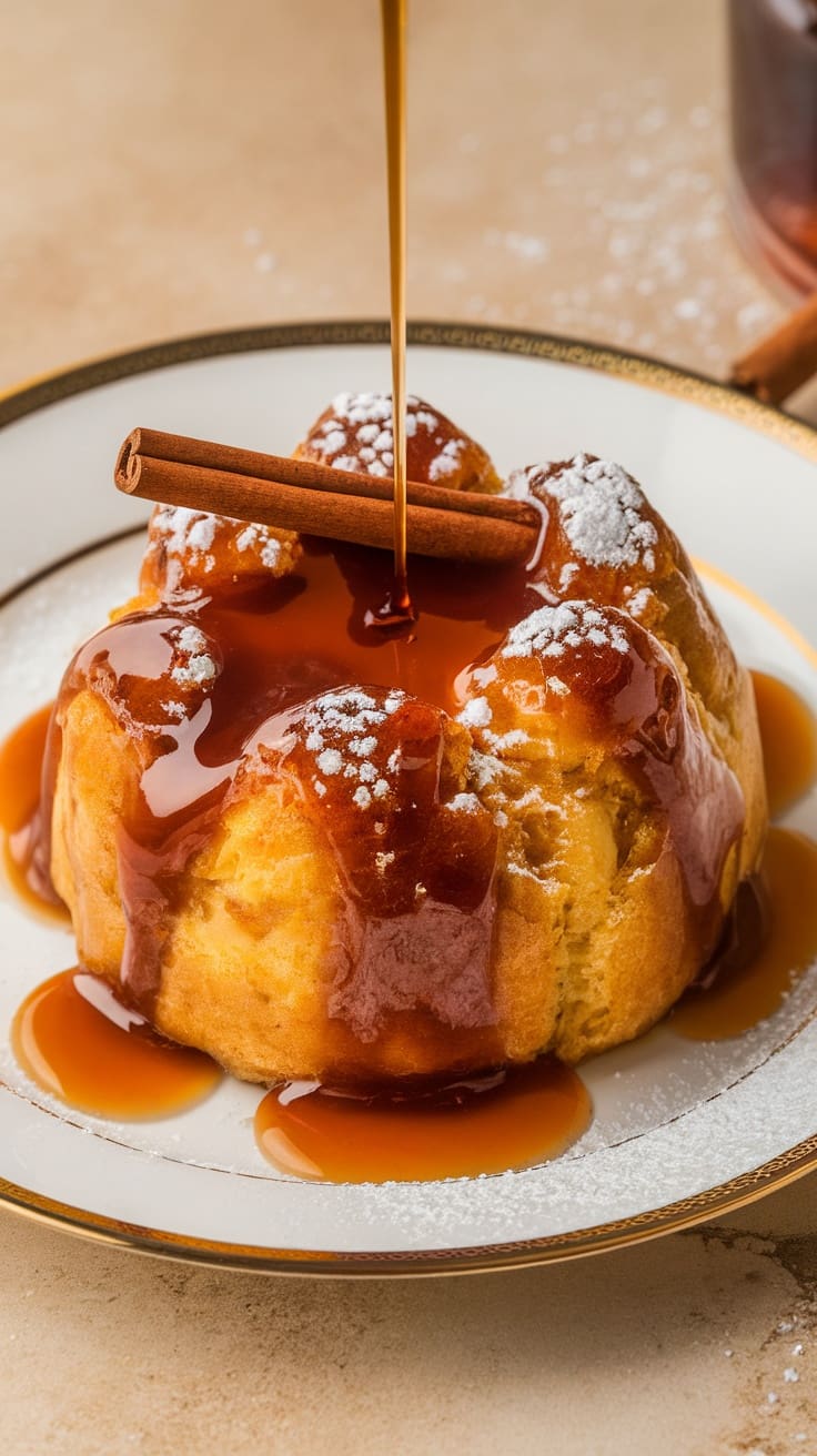 Delicious bread pudding topped with rum sauce and cinnamon