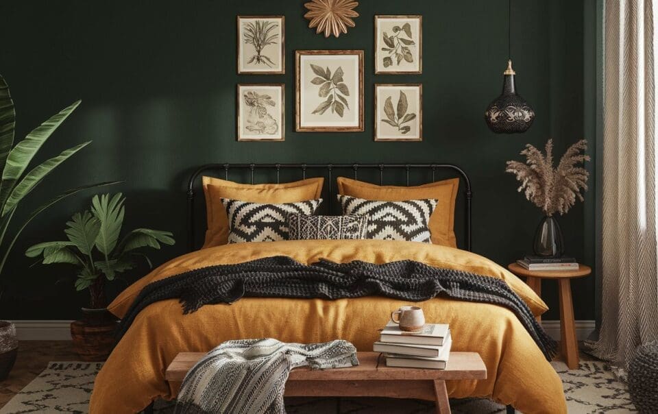 A dark boho bedroom featuring a cozy black metal bed frame and mustard yellow bedding. The decor includes plant-themed wall art, potted plants, a black pendant light, and a wooden bench with books. Curtains and a patterned rug infuse warmth into the eclectic space.