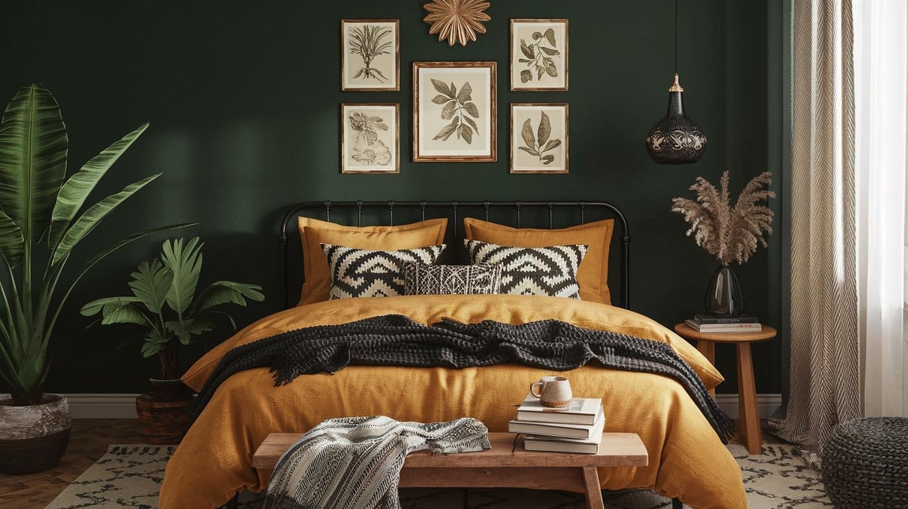 A dark boho bedroom featuring a cozy black metal bed frame and mustard yellow bedding. The decor includes plant-themed wall art, potted plants, a black pendant light, and a wooden bench with books. Curtains and a patterned rug infuse warmth into the eclectic space.