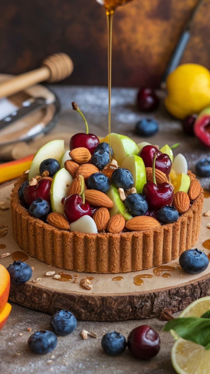 A beautifully arranged fruit and nut tart topped with honey drizzle, featuring vibrant fruits and crunchy nuts.